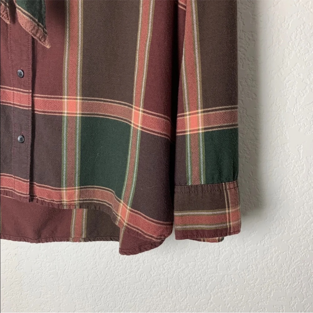 Madewell Burgundy Brown and Green Plaid Button-Down Tie-Neck Shirt - Picture 2 of 7